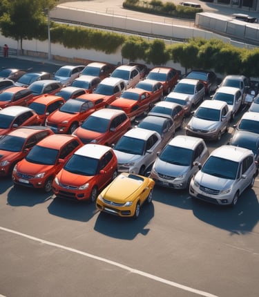 A car rental facility with noticeable signage in red and white is in view. The entrance shows a red vending machine and two trash bins nearby. The surroundings include buildings with visible architectural elements, and the area has some stairs leading up to the rental space.
