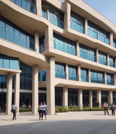 Entrance of a medical college and hospital with a large archway displaying the name Tagore Medical College & Hospital. People are walking towards the entrance, with some sitting on a bench and others interacting. Signage and informational posters are visible on the walls, and wheelchairs are parked nearby. There is a ramp and steps leading up to the entrance.