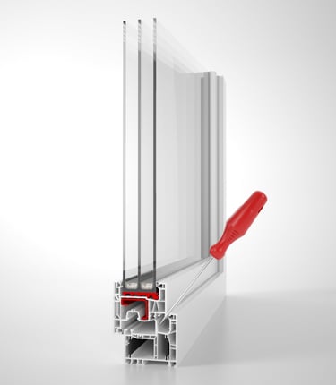 a window with a red handle and a red handle