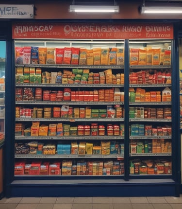 A small market stall displays a variety of items, including bunches of bananas hanging from strings. There are colorful packages featuring images of people stacked on the shelf, alongside boxes of bottled drinks and fresh tomatoes. The scene includes other household or small retail items.