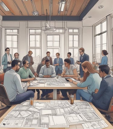 A diverse team collaborating over a world map with product samples and laptops.