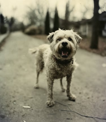 a dog is standing on the sidewalk