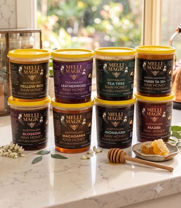 Variety of Melli Magic Australian raw honey jars including Leatherwood and Macadamia on a kitchen counter.