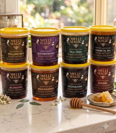 Selection of Melli Magic Australian raw honey jars including Yellow Box, Tea Tree, and Macadamia varieties.