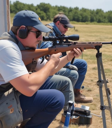 A person wearing tactical gear and dark clothing holds a rifle in a ready position. The individual appears focused, with hair pulled back and wearing protective eyewear. The background is dark, adding to the intensity of the image.