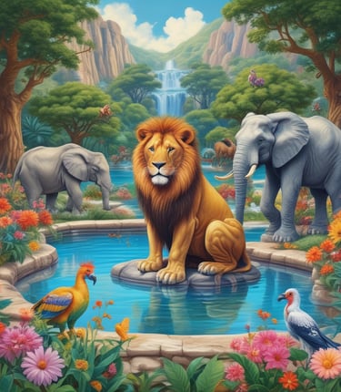 A vibrant display of print-on-demand products featuring nature and animal themes.