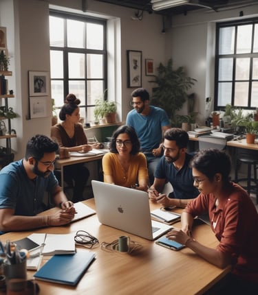 A diverse group of creators collaborating in a modern workspace.