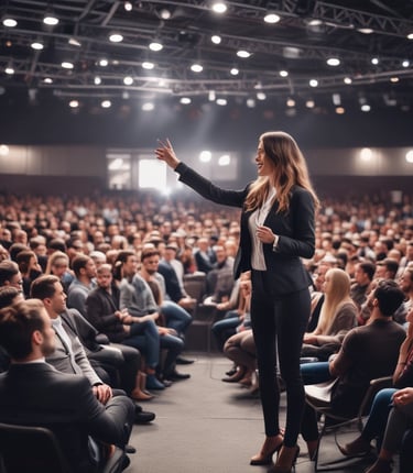 a woman in a suit and tie is standing in front of a crowd of people