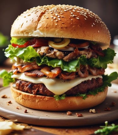 A gourmet sandwich featuring a large, juicy burger patty topped with melted cheese, crispy fried onions, and fresh lettuce, all between two toasted sesame-seed bread slices. The sandwich is placed on a lined tray, set against a dark background.