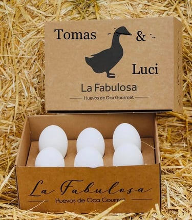Huevos de ganso blancos grandes, de calidad gourmet, en una caja de cartón de la marca La Fabul