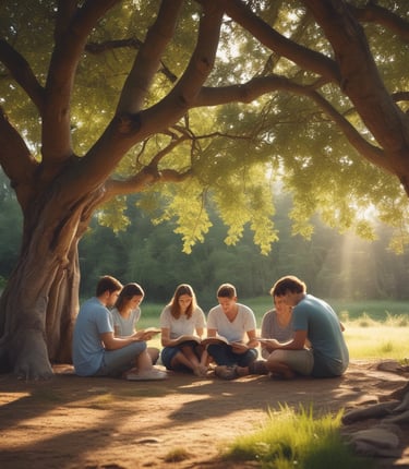 A real serene image of a group reading together in a peaceful setting.