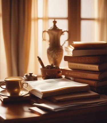 Close-up of stacked books on a wooden table with soft lighting