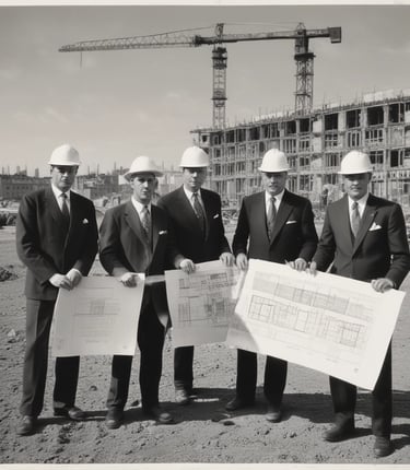 Five men in suits and hats are standing together on a construction site, examining a large blueprint. Behind them, there are two prominent buildings with signs that read '' and 'Farmers'. Construction equipment and materials are visible in the background.