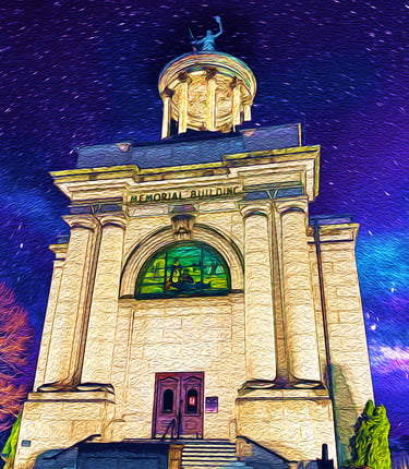 Stylized art of the historic Hamilton, OH building with a stained glass window under a starry night.