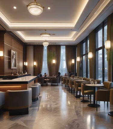 A spacious and modern hotel lobby with high ceilings and several floors visible above. The area is adorned with festive decorations, including Christmas wreaths and garlands. A large, elegant chandelier hangs prominently in the center. Comfortable seating with tan leather couches and cushions are arranged around a small coffee table.