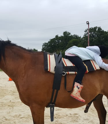 Enfant allongée sur le dos de son cheval lors d'une séance d'équithérapie