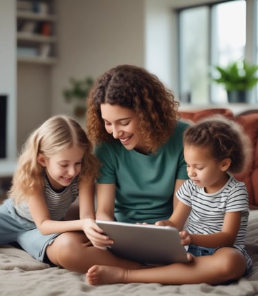 A mother reading a book with her child in a cozy living room.