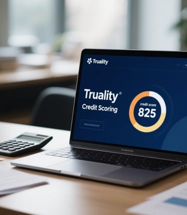 the words truality credit repair on a laptop sitting on a desk with a calculator 