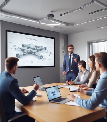 A diverse team collaborating over laptops in a bright, modern office space.
