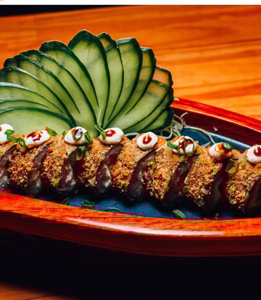 a plate of food that includes a large leafy plant
