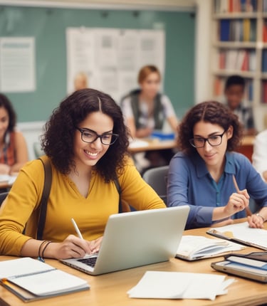 A classroom of engaged students, primarily young women, are sitting in rows wearing white uniforms with braided hair. They appear to be focused and attentive, suggesting a classroom setting. The sunlight filters through the windows, creating a warm ambiance.