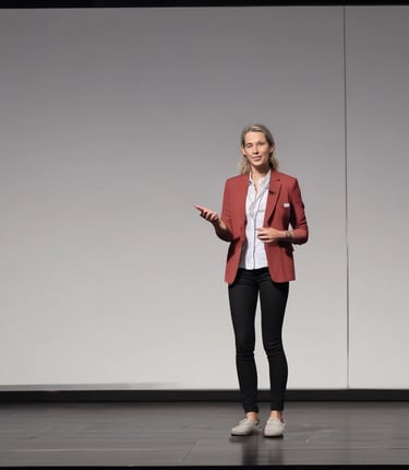 A large outdoor event setup with a grassy archway entrance leads to a stage area. Rows of red and blue chairs are arranged neatly in front of the stage. The surrounding area includes green hills and a clear blue sky. Welcome banners featuring photographs are placed at the entrance, and colorful tents are seen on the sides.