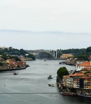 Colorful buildings along Douro River in Porto, Portugal with historic skyline