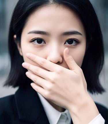 Teenager keeps hand on mouth express disgust towards bad words