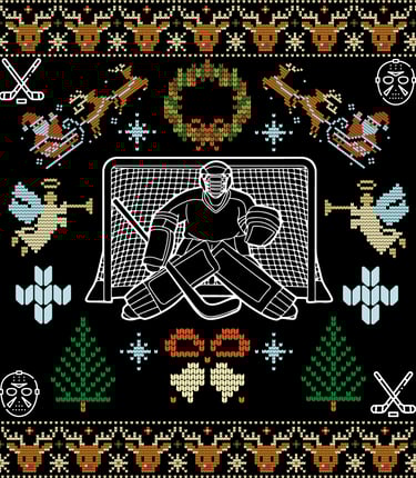 Ugly Christmas sweater-style hockey goalie design with net, wreath, reindeer, angels, and festive ic