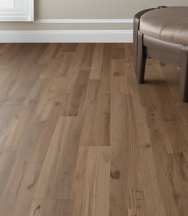 A showroom displaying various wooden flooring samples mounted on walls. A person is observing the samples on the right side, wearing casual attire. The samples are labeled with prices and descriptions. The room is well-lit with a modern design and uses neutral tones.