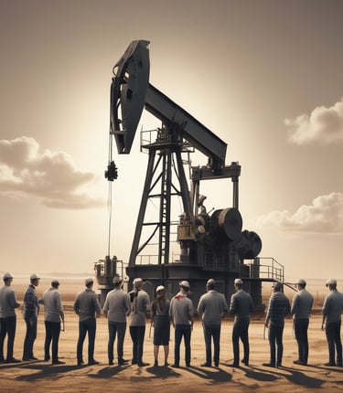 A group of people are gathered holding protest signs with names of various oil companies and countries, such as 'National Iranian Oil Co.', 'Nigerian National Petroleum Corp', 'Shell', and 'Russia'. The scene is set in an urban environment with historic architecture in the background. The individuals appear to be advocating for environmental issues related to fossil fuels.