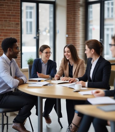 A meeting or presentation in a modern office setting, where a woman in a blue dress is standing in front of a whiteboard with colorful sticky notes. Three other people are seated around a wooden conference table, focused on a large wall-mounted screen displaying a website or social media page. The room has gray acoustic paneling on the walls.