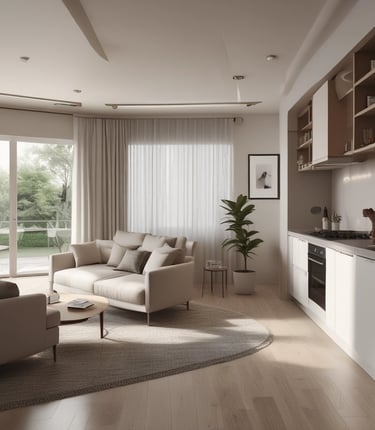 A detailed architectural model features several modern buildings arranged in a complex. The structures have geometric designs with large windows and beige exteriors. Scale model trees with light foliage are interspersed between the buildings, all placed on a grid-patterned surface that simulates an urban planning layout.