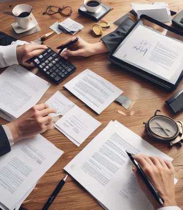 A young woman wearing glasses and a navy scarf stands in the foreground, holding textbooks labeled with accounting terms. She is dressed in a light blue uniform. In the background, a group of students are engaged in activities such as reading books and discussing among themselves, set against a brick building.