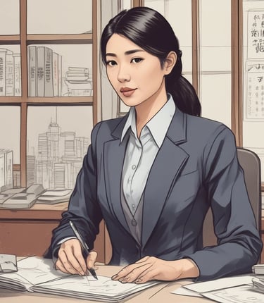 A young woman wearing glasses and a navy scarf stands in the foreground, holding textbooks labeled with accounting terms. She is dressed in a light blue uniform. In the background, a group of students are engaged in activities such as reading books and discussing among themselves, set against a brick building.