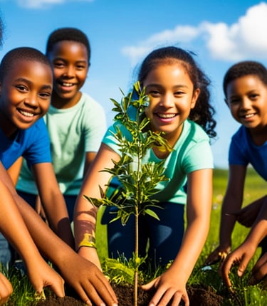 A group of smiling diverse children planting a young tree together in a sunny field for environmental conservation.