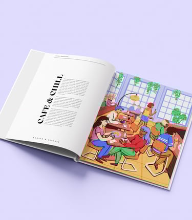 double spread showing a colorful illustration of people relaxing in a modern cafe
