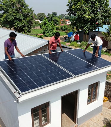 A bright rooftop solar panel installation basking in sunlight under a clear blue sky.