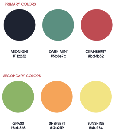 Brand color palette with their respective color codes.