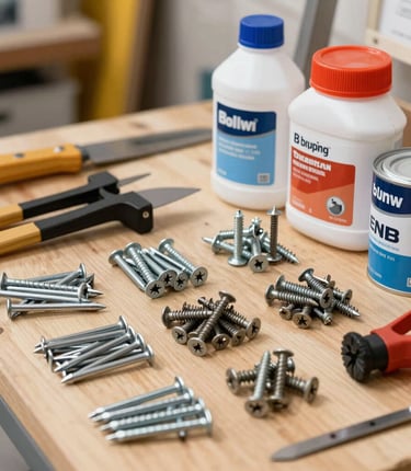 A close-up of various construction nails, screws, and paint cans arranged neatly on a wooden workbench.