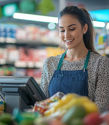 a woman is standing in front of a store