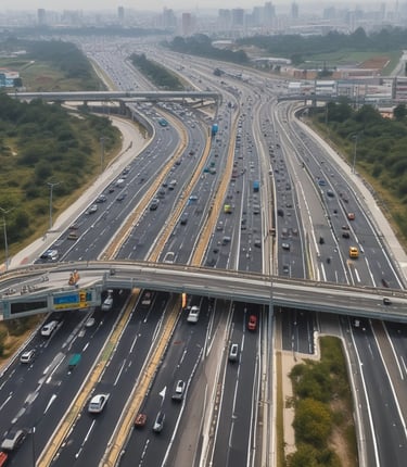 A modern cityscape with busy roads and vehicles.