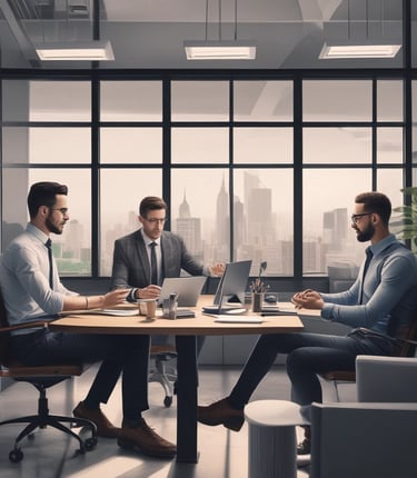 A dynamic team meeting in a modern office setting.