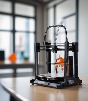 A 3D printer is producing a miniature gray model of the Eiffel Tower. The printer has a sleek design with a metallic surface and a transparent casing that reveals the internal mechanics.