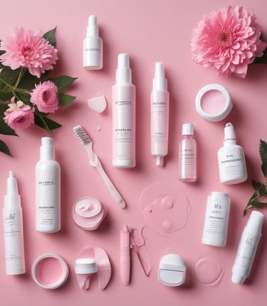 Various beauty and lifestyle items arranged aesthetically on a beige background. The items include a glass bottle with a dropper, an open jar of cream, a compact powder, a white candle, black sunglasses, a lip gloss, and large green leaves placed diagonally.