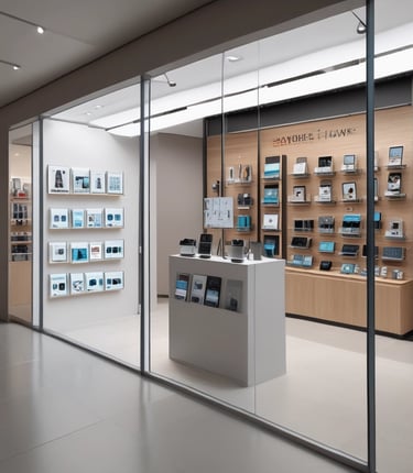 A small kiosk under a large tree, selling mobile accessories and repair services. It is named 'Ravi Communication', as indicated by signs on the storefront. The stand is neatly arranged with mobile phone covers and various accessories. A person is seated inside, seemingly attending to tasks.