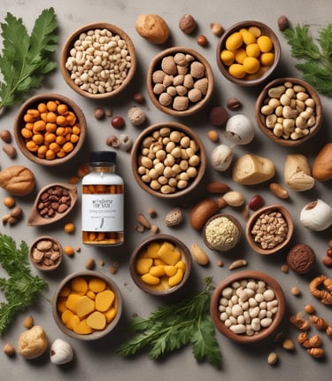 A collection of health supplement products is arranged against a pink backdrop. The items include bottles and containers labeled Diabet Gran Plus, Feno Gran Plus, Magne-Gran, and Gran Psyllium. A sprig of pink flowers in a glass vase adds a touch of nature to the composition.