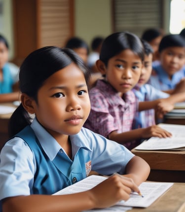 A group of children stands outside holding notebooks with covers showing a logo and photographs. They are wearing school uniforms consisting of white shirts and green shorts or skirts. The setting appears to be a schoolyard with buildings and a clear sky in the background.