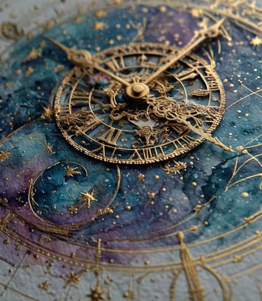 Celestial watercolor and acrylic mixed-media illustration of a golden astronomical clock by Sohlvian