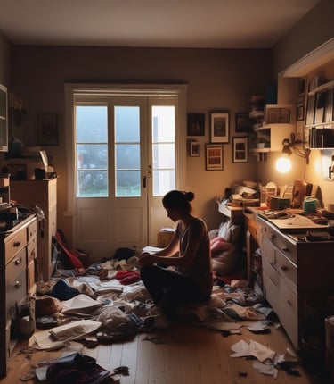 A person in a messy house cleaning it up